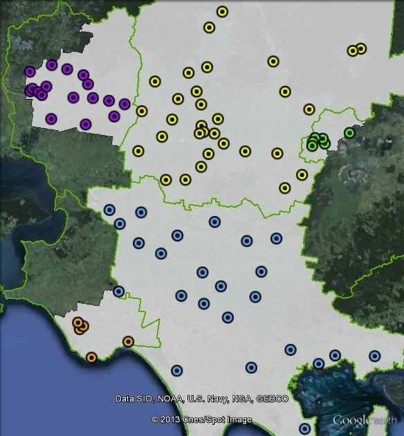Polling places in McMillan at the 2010 federal election. Bass Coast in orange, Baw Baw in yellow, Cardinia in purple, Latrobe in green, South Gippsland in blue. Click to enlarge.