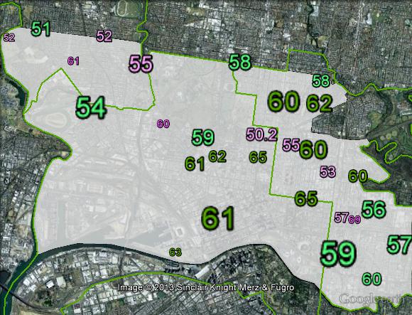 Two-candidate-preferred votes in Melbourne at the 2010 federal election.