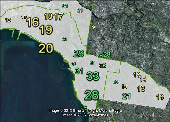 Greens primary votes in Melbourne Ports at the 2010 federal election.