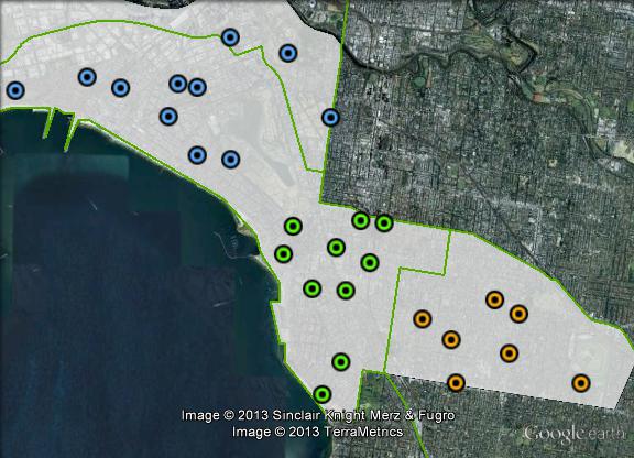 Polling places in Melbourne Ports at the 2010 federal election. Caulfield in orange, Port Melbourne in blue, St Kilda in green. Click to enlarge.