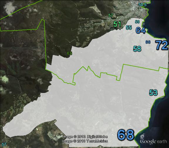 Two-candidate-preferred votes in Nelson at the 2007 election. Wilkinson in blue, Nilsson in green.