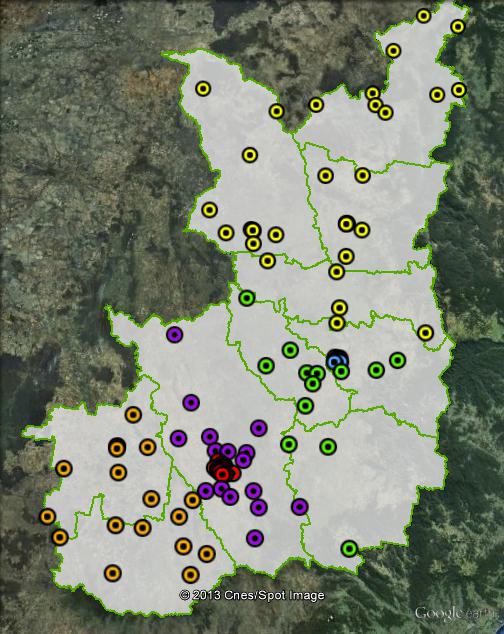 Polling places in New England at the 2010 federal election. Armidale in blue, North in yellow, South Central in purple, South East in green, South West in orange, Tamworth in red. Click to enlarge.