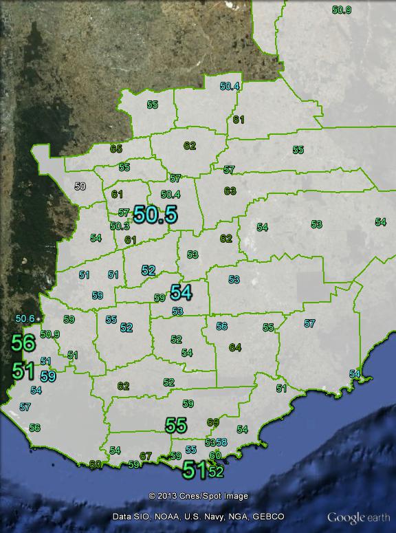 Two-candidate-preferred votes in the south-western part of O'Connor at the 2010 federal election.