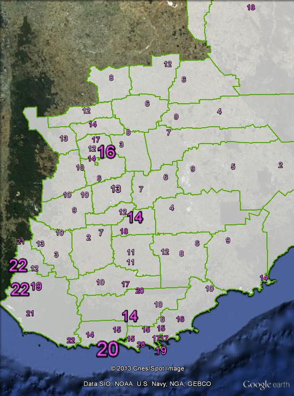 Labor primary votes in the south-western part of O'Connor at the 2010 federal election.