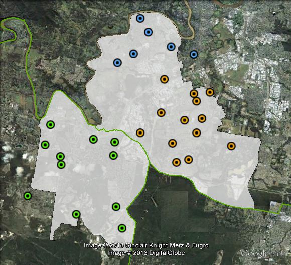 Polling places in Oxley at the 2010 federal election. North in blue, South-East in orange, South-West in green. Click to enlarge.