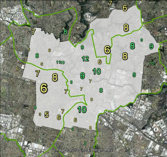 Greens primary votes in Parramatta at the 2010 federal election.