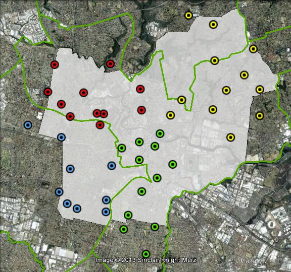Polling places in Parramatta at the 2010 federal election. North-East in yellow, North-West in red, South-East in green, South-West in blue. Click to enlarge.