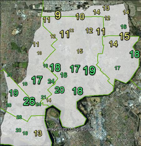 Greens primary votes in Perth at the 2010 federal election.