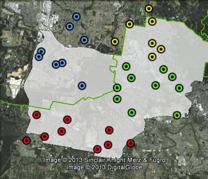 Polling places in Rankin at the 2010 federal election. East in green, North-East in yellow, South in red, West in blue. Click to enlarge.
