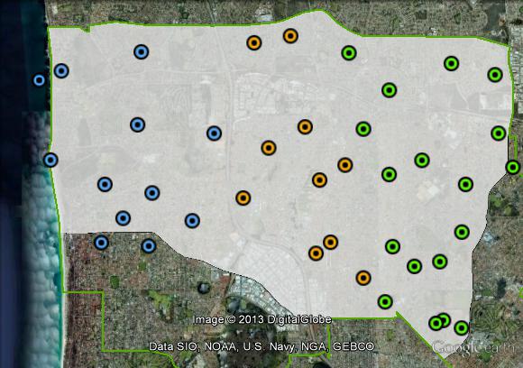 Polling places in Stirling at the 2010 federal election. Central in orange, East in green, West in blue. Click to enlarge.