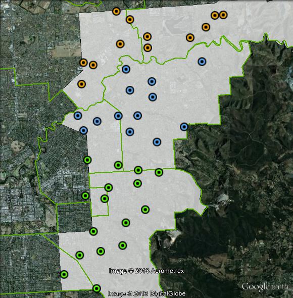 Polling places in Sturt at the 2010 federal election. Central in blue, North in red, South in green. Click to enlarge.