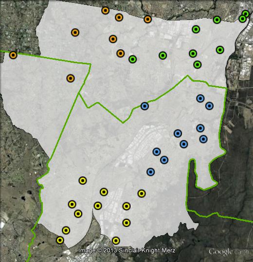 Polling places in Werriwa at the 2010 federal election. Hoxton-Rossmore in orange, Ingleburn-Glenfield in blue, Liverpool-Prestons in green, Minto-St Andrews in yellow. Click to enlarge.