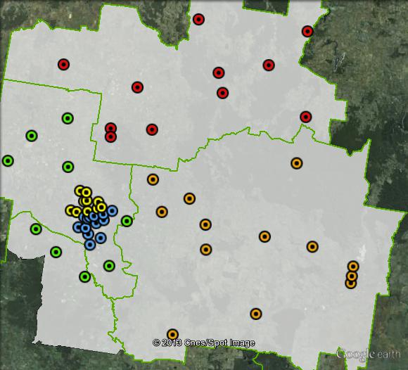 Polling places in Ballarat at the 2010 federal election. Ballarat North in yellow, Ballarat South in blue, North in red, South East in orange, West in green. Click to enlarge.