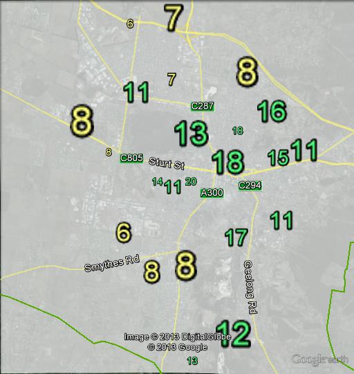 Greens primary votes in the Ballarat urban area at the 2010 federal election.