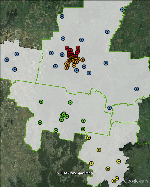 Polling places in Bendigo at the 2010 federal election. Bendigo North in red, Bendigo Rural in blue, Bendigo South in orange, Macedon Ranges in yellow, Mount Alexander in green. Click to enlarge.