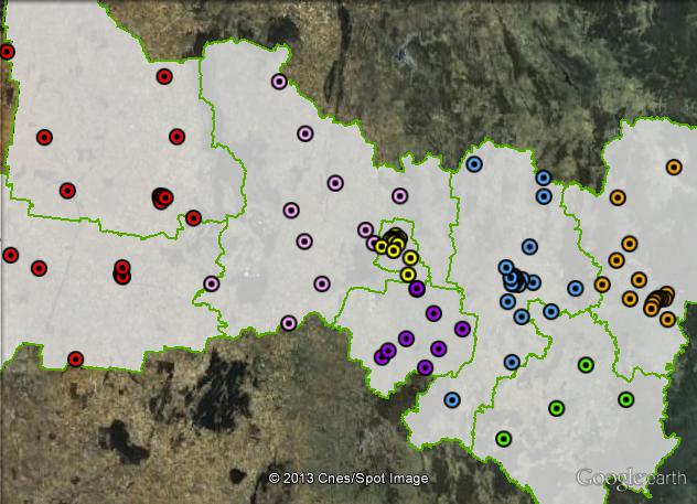 Polling places in Calare at the 2010 federal election. Bathurst in blue, Blayney in purple, Cabonne in pink, Lithgow in orange, Oberon in green, Orange in yellow, West in red. Click to enlarge.