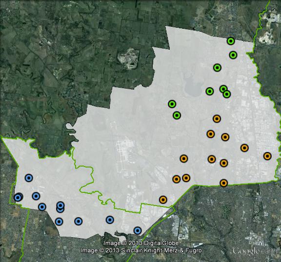 Polling places in Calwell at the 2010 federal election. Central in orange, North in green, South in blue. Click to enlarge.