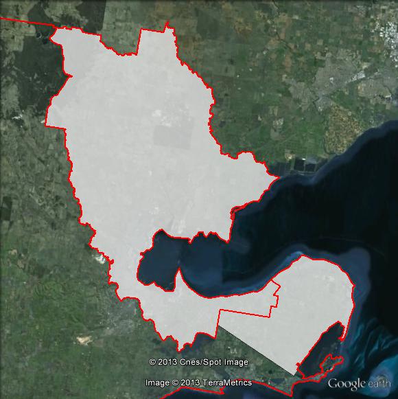 Map of Corio's 2010 and 2013 boundaries. 2010 boundaries marked as red lines, 2013 boundaries marked as white area. Click to enlarge.