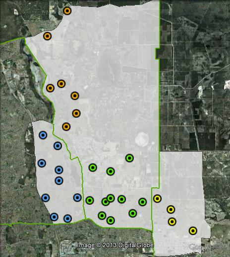 Polling places in Cowan at the 2010 federal election. Central in green, North in orange, South-East in yellow, South-West in blue. Click to enlarge.