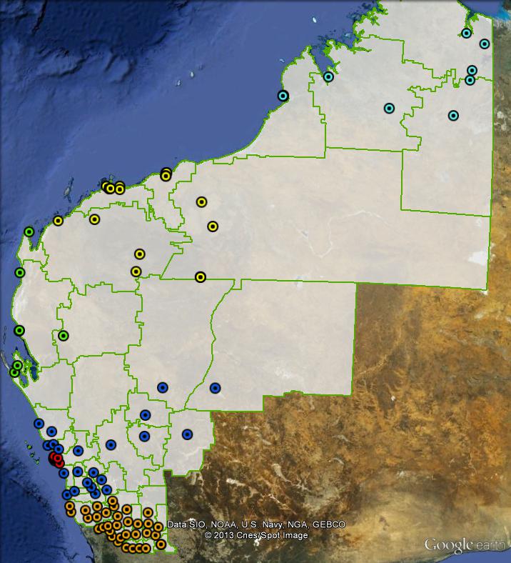 Polling places in Durack at the 2010 federal election. Gascoyne in green, Geraldton in red, Kimberley in light blue, Mid West in blue, Pilbara in yellow and Wheatbelt in orange. Click to enlarge.