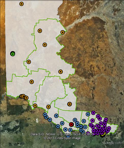 Polling places in Farrer at the 2010 federal election. Albury in yellow, Broken Hill in green, Central in blue, Deniliquin in red, East in purple, North-West in orange. Click to enlarge.