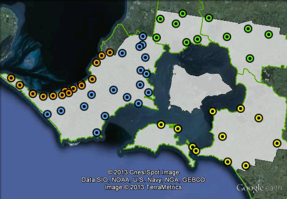 Polling places in Flinders at the 2010 federal election. Bass Coast in yellow, North in green, Peninsula East in blue, Peninsula West in orange. Click to enlarge.