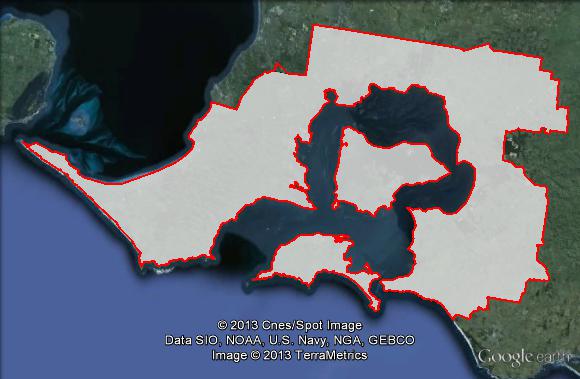 Map of Flinders' 2010 and 2013 boundaries. 2010 boundaries marked as red lines, 2013 boundaries marked as white area. Click to enlarge.