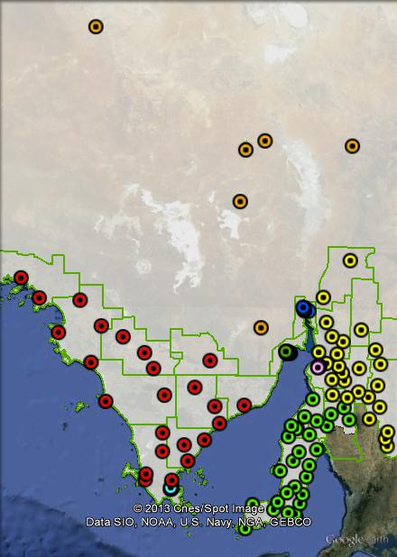 Polling places in Grey at the 2010 federal election. Central in green, East in yellow, Outback in orange, Port Augusta in royal blue, Port Lincoln in light blue, Port Pirie in pink, West in red, Whyalla in dark green. Click to enlarge.