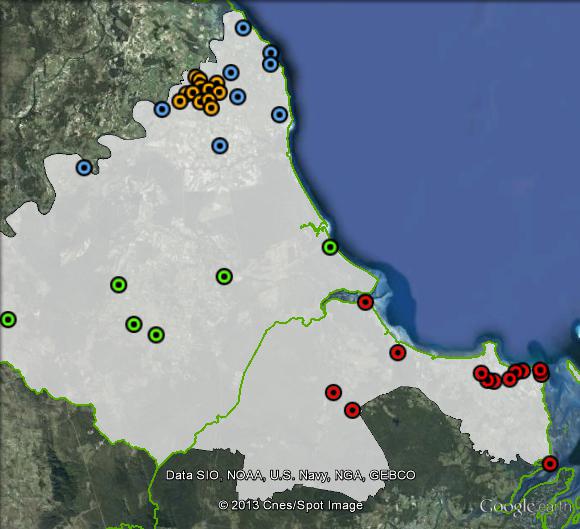 Polling places in Hinkler at the 2010 federal election. Bundaberg in orange, Fraser Coast in red, Isis in green, Woongarra in blue. Click to enlarge.