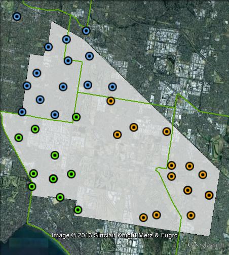 Polling places in Hotham at the 2010 federal election. East in orange, North in blue, West in green. Click to enlarge.