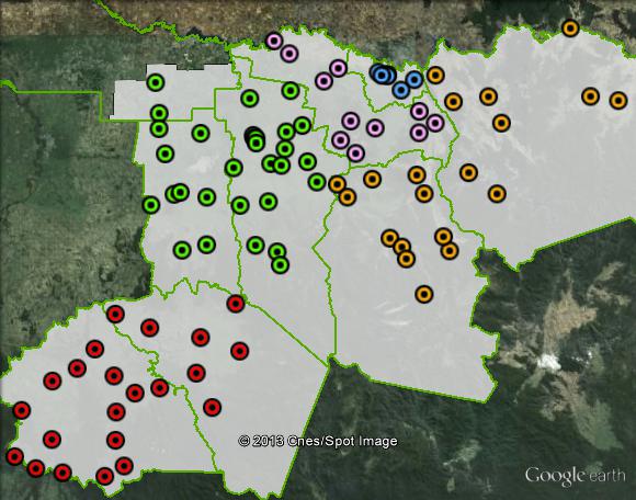 Polling places in Indi at the 2010 federal election. East in orange, Indigo in pink, South in red, West in green, Wodonga in blue. Click to enlarge.