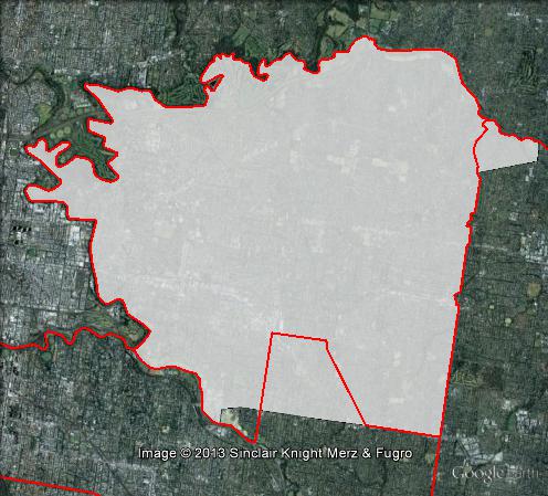 Map of Kooyong's 2010 and 2013 boundaries. 2010 boundaries marked as red lines, 2013 boundaries marked as white area. Click to enlarge.