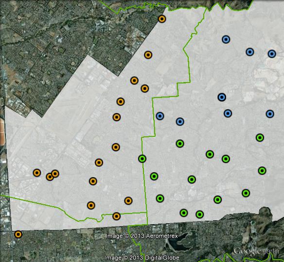 Polling places in Makin at the 2010 federal election. North-East in blue, South-East in green, West in orange. Click to enlarge.
