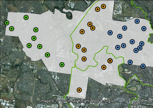 Polling places in Maribyrnong at the 2010 federal election. Central in orange, East in blue, West in green. Click to enlarge.