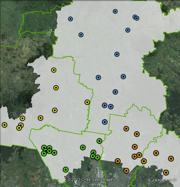 Polling places in McEwen at the 2010 federal election. Hume in green, Macedon Ranges in yellow, Mitchell in blue, South-East in orange. Click to enlarge.