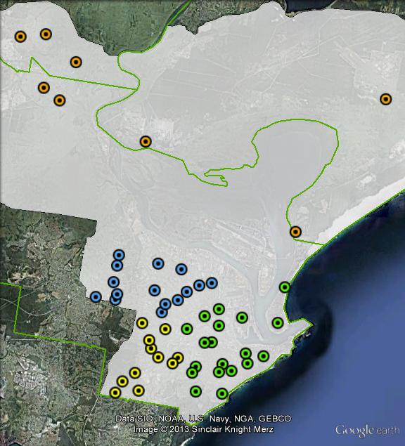 Polling places in Newcastle at the 2010 federal election. Central in green, North in orange, South-West in yellow, West in blue. Click to enlarge.