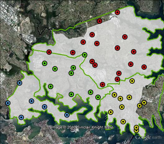 Polling places in North Sydney at the 2010 federal election. Hunters Hill in blue, Lane Cove in green, North Sydney in yellow, Willoughby in red. Click to enlarge.
