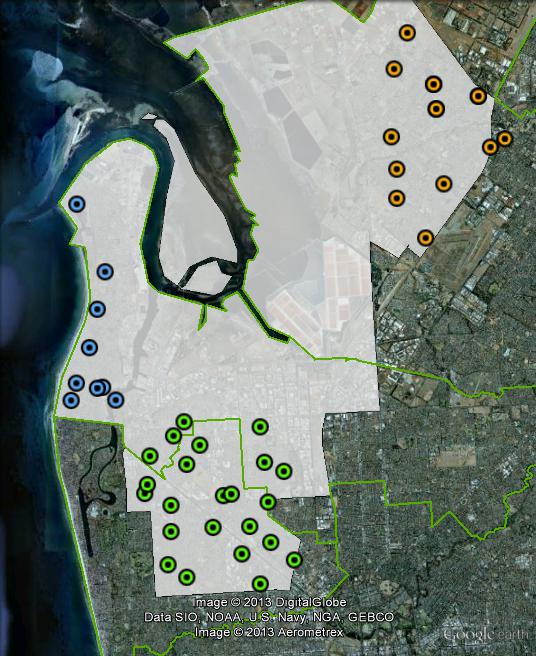 Polling places in Port Adelaide at the 2010 federal election. North in orange, South in green, West in blue. Click to enlarge.