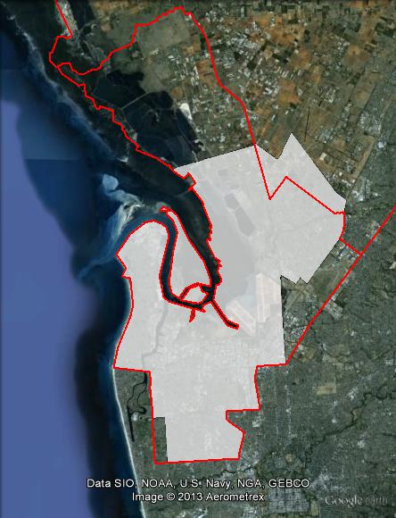 Map of Port Adelaide's 2010 and 2013 boundaries. 2010 boundaries marked as red lines, 2013 boundaries marked as white area. Click to enlarge.
