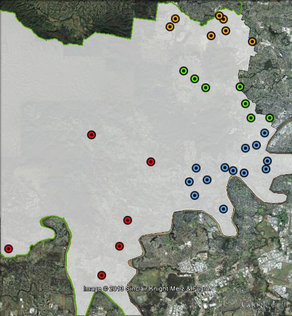 Polling places in Ryan at the 2010 federal election. Enoggera in orange, Indooroopilly in blue, The Gap in green, West in red. Click to enlarge.