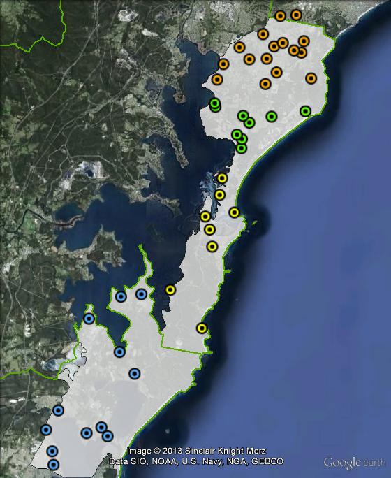 Polling places in Shortland at the 2010 federal election. Belmont in green, Charlestown in orange, Swansea in yellow, Wyong in blue. Click to enlarge.