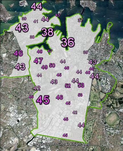 Labor primary votes in Sydney at the 2010 federal election.