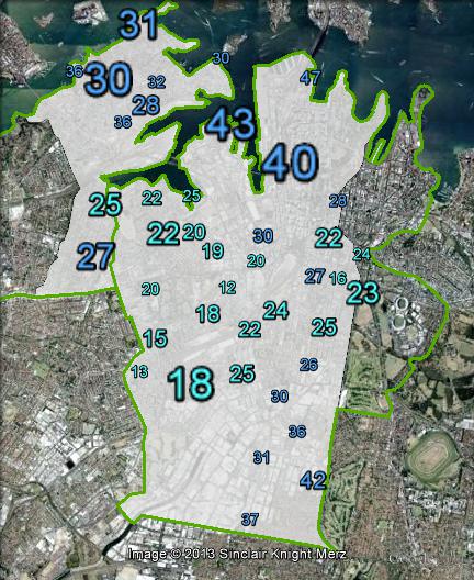 Liberal primary votes in Sydney at the 2010 federal election.