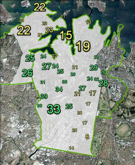 Greens primary votes in Sydney at the 2010 federal election.