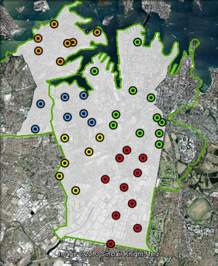 Polling places in Sydney at the 2010 federal election. Annandale-Glebe in blue, Balmain in orange, Inner Sydney in green, Newtown-Erskineville in yellow, South Sydney in red. Click to enlarge.