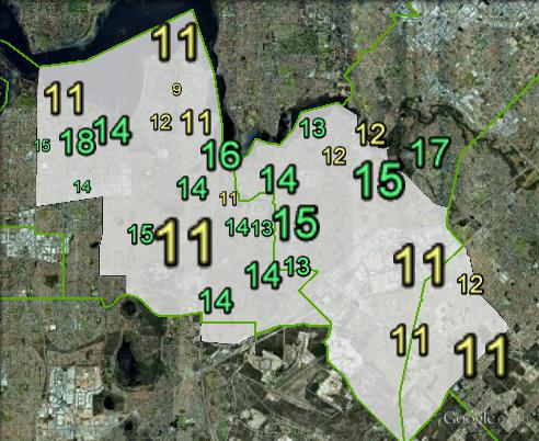 Greens primary votes in Tangney at the 2010 federal election.