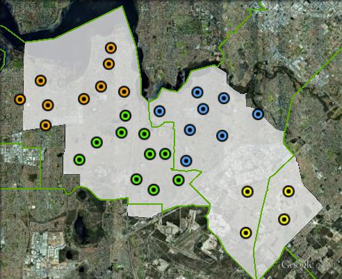 Polling places in Tangney at the 2010 federal election. East in blue, North-West in orange, South-East in yellow, West in green. Click to enlarge.