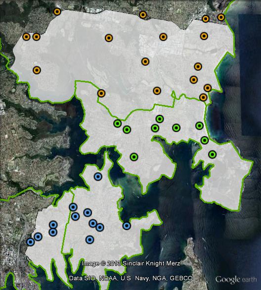 Polling places in Warringah at the 2010 federal election. Manly in green, Mosman in blue, Warringah in orange.
