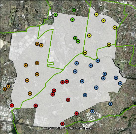 Polling places in Watson at the 2010 federal election. Belmore-Canterbury in blue, Burwood in yellow, Greenacre in orange, Lakemba in red, Strathfield in green. Click to enlarge.