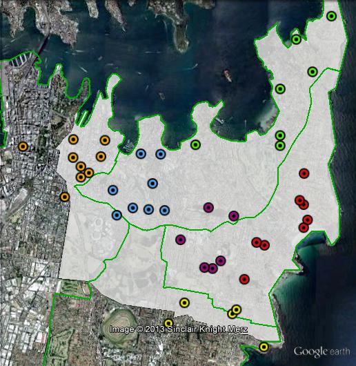 Polling places in Wentworth at the 2010 federal election. Bondi in red, Bondi Junction in purple, Clovelly in yellow, Paddington in blue, Sydney in orange, Vaucluse in green. Click to enlarge.